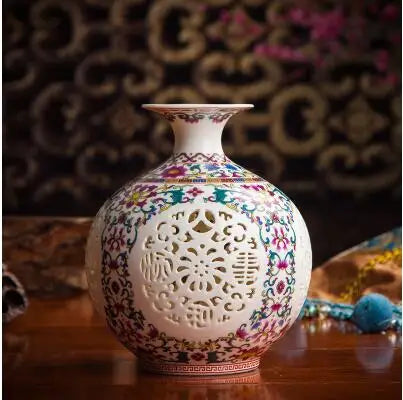 Antique Jingdezhen Handicraft Ceramic Vase Chinese Pierced Hollow Vase Wedding Gifts Home Furnishing Decoration Craft Articles