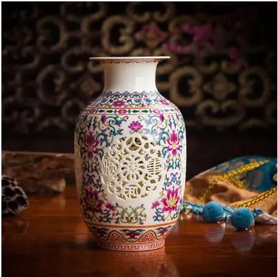 Antique Jingdezhen Handicraft Ceramic Vase Chinese Pierced Hollow Vase Wedding Gifts Home Furnishing Decoration Craft Articles