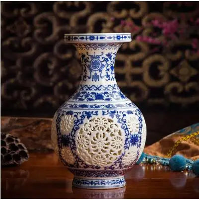 Antique Jingdezhen Handicraft Ceramic Vase Chinese Pierced Hollow Vase Wedding Gifts Home Furnishing Decoration Craft Articles