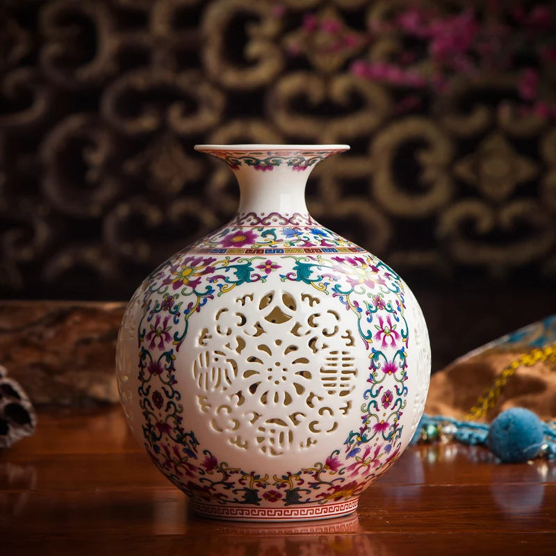 Antique Jingdezhen Handicraft Ceramic Vase Chinese Pierced Hollow Vase Wedding Gifts Home Furnishing Decoration Craft Articles