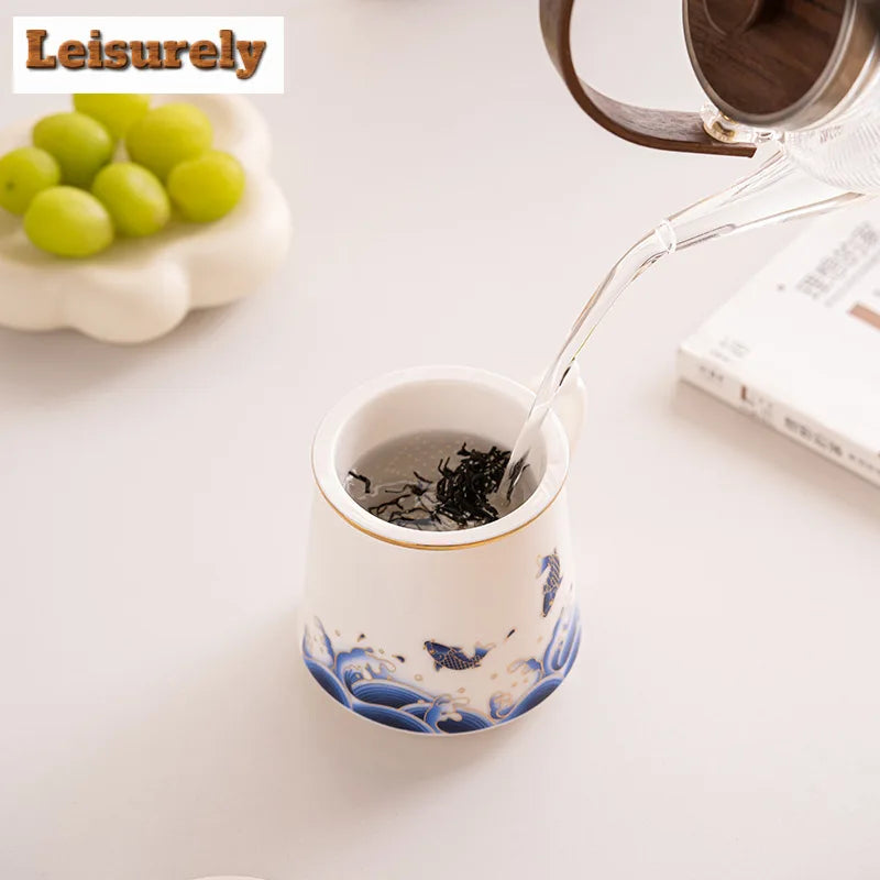 450ml Dehua White Porcelain Personal Tea Water Separator Mug Chinese Green Tea Brewing Cup Customized Office Filter Cup Gift Box