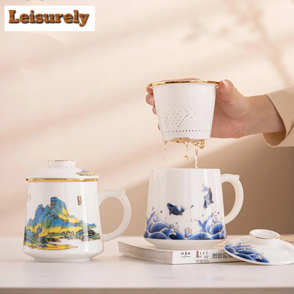 450ml Dehua White Porcelain Personal Tea Water Separator Mug Chinese Green Tea Brewing Cup Customized Office Filter Cup Gift Box