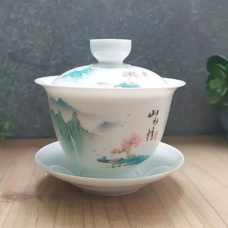 Ceramic Gaiwan jingdezhen Chinese Kungfu Teaset Three talents Tea Bowl Large Teacup Saucer Set Home tea maker Tea ceremony Gift